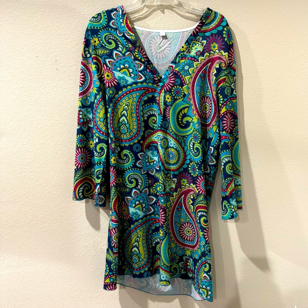 Colorful Print Tunic w Floral Design Swimsuit Coverup Knee Length Size Large EUC